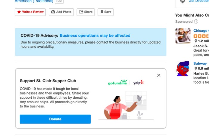 Yelp gofundme profit lockdown trying woes coronavirus during business off small Yelp donation buttonn gofundme local businesses coronavirus covid 19