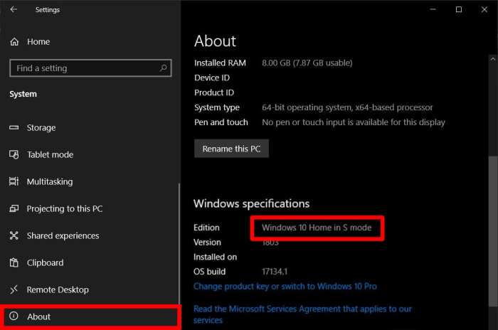 Microsoft windows 10 s mode editions features