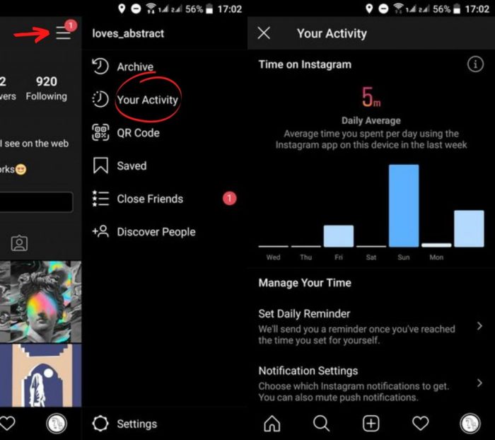 Instagram your activity dashboard time spent