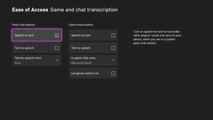 Xbox accessible party chat test speech synthesis transcription