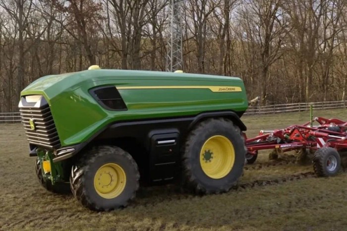 John deere autonomous tractor truck orchard mow ces